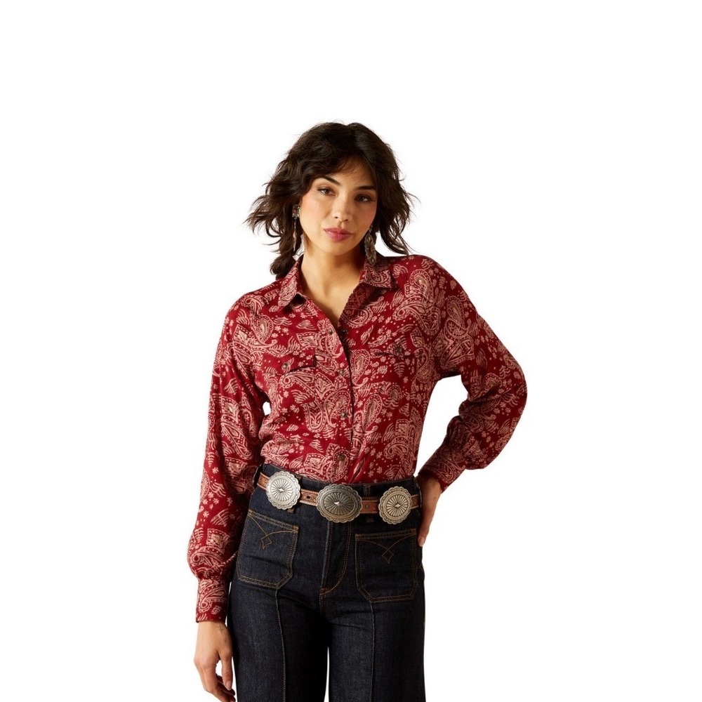 Ariat Imprints Top Womens Large Red Paisley Gold Foil Metallic Western Cowgirl